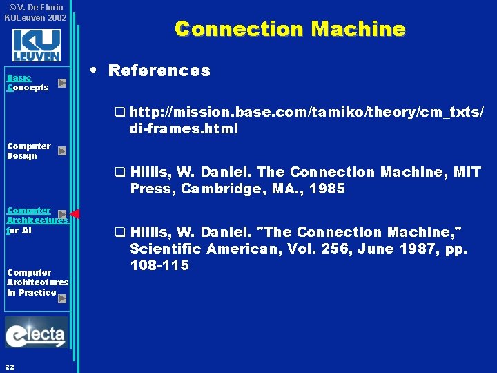 © V. De Florio KULeuven 2002 Basic Concepts Connection Machine • References q http: