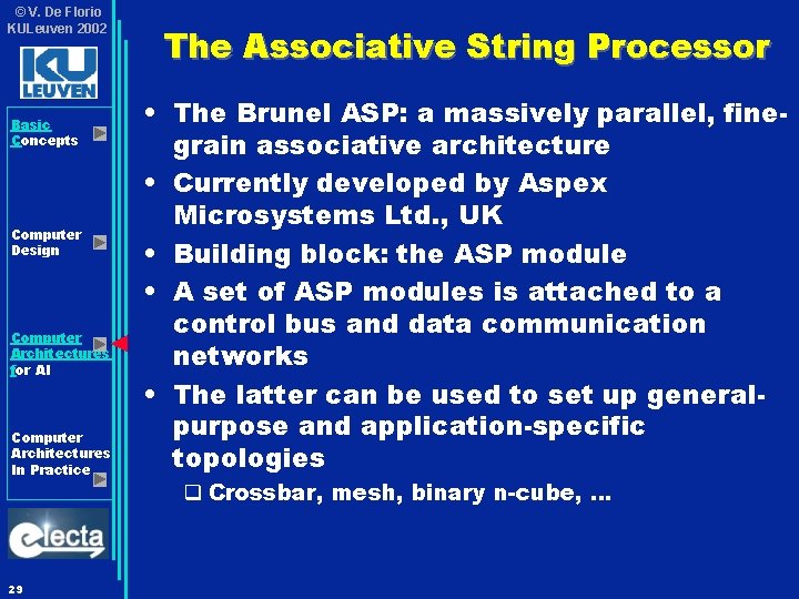 © V. De Florio KULeuven 2002 Basic Concepts Computer Design Computer Architectures for AI