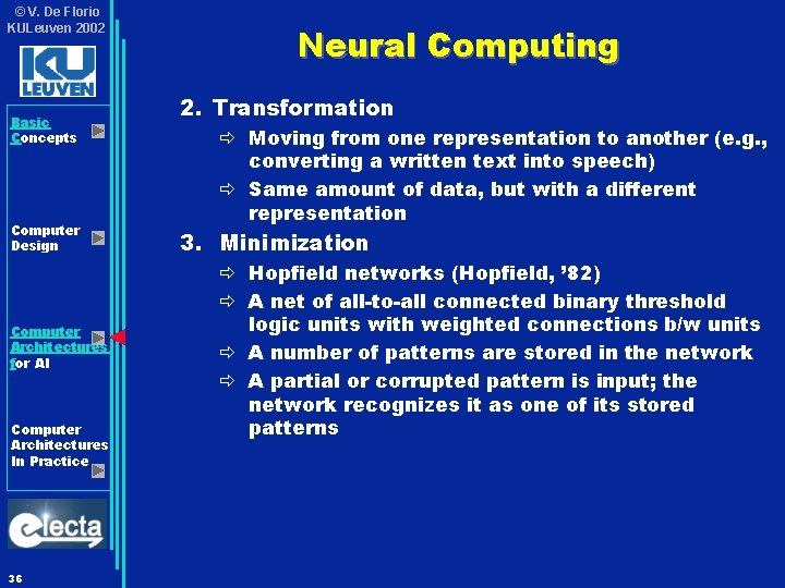 © V. De Florio KULeuven 2002 Basic Concepts Computer Design Computer Architectures for AI