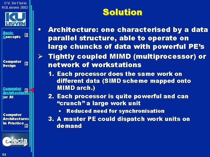© V. De Florio KULeuven 2002 Basic Concepts Computer Design Computer Architectures for AI