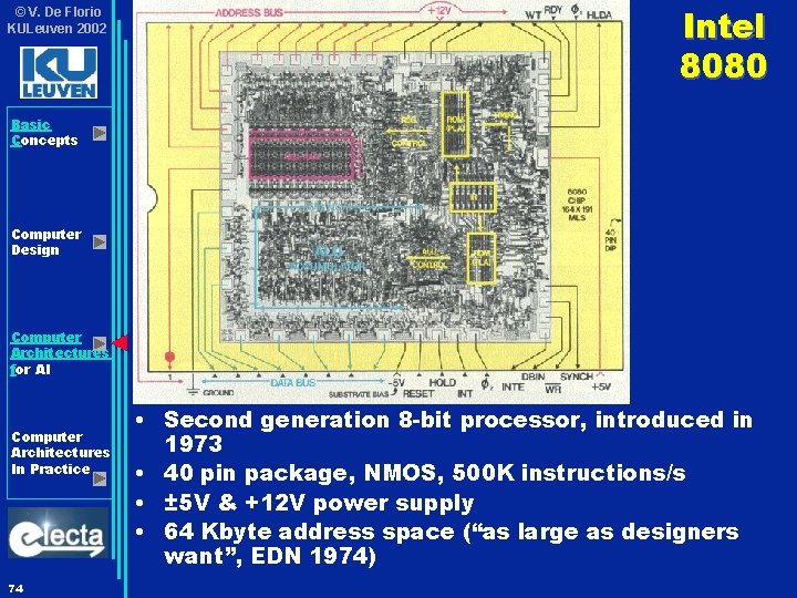 © V. De Florio KULeuven 2002 Intel 8080 Basic Concepts Computer Design Computer Architectures