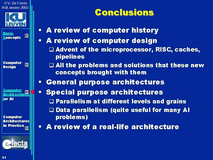 © V. De Florio KULeuven 2002 Basic Concepts Computer Design Computer Architectures for AI