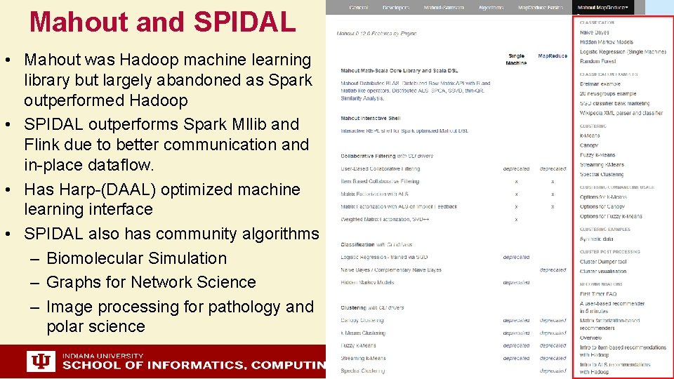 Mahout and SPIDAL • Mahout was Hadoop machine learning library but largely abandoned as