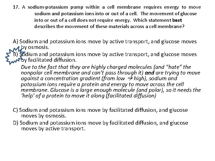 17. A sodium potassium pump within a cell membrane requires energy to move sodium