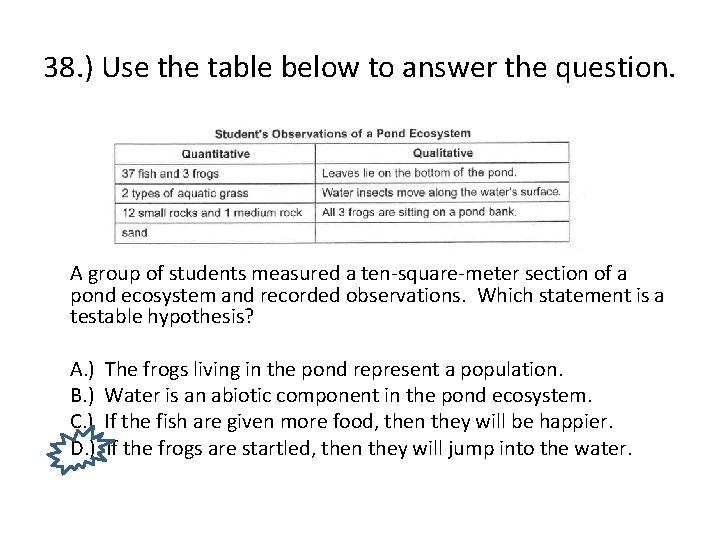 38. ) Use the table below to answer the question. A group of students