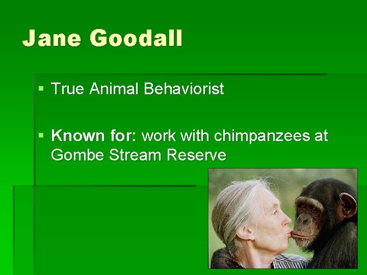 Jane Goodall § True Animal Behaviorist § Known for: work with chimpanzees at Gombe