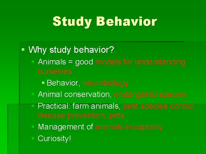 Study Behavior § Why study behavior? § Animals = good models for understanding ourselves