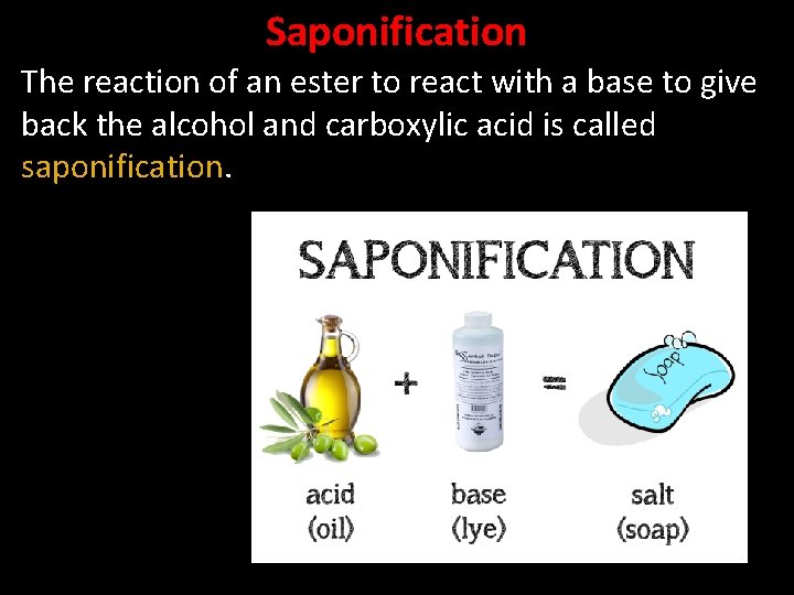 Saponification The reaction of an ester to react with a base to give back