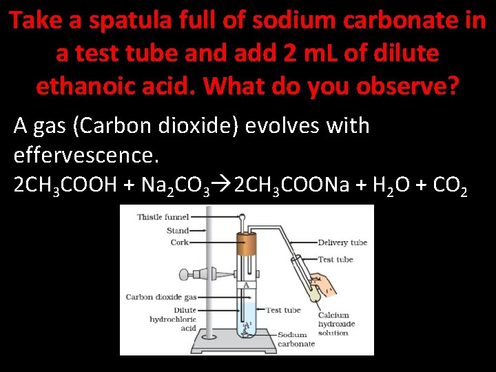 Take a spatula full of sodium carbonate in a test tube and add 2