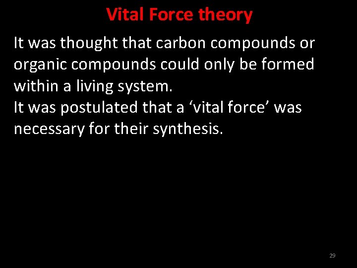 Vital Force theory It was thought that carbon compounds or organic compounds could only