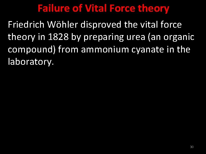 Failure of Vital Force theory Friedrich Wöhler disproved the vital force theory in 1828