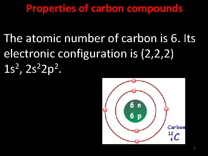 Properties of carbon compounds The atomic number of carbon is 6. Its electronic configuration