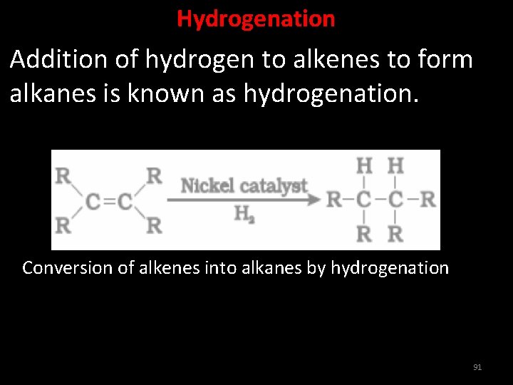 Hydrogenation Addition of hydrogen to alkenes to form alkanes is known as hydrogenation. Conversion