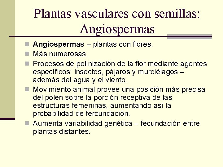 Plantas vasculares con semillas: Angiospermas n Angiospermas – plantas con flores. n Más numerosas.