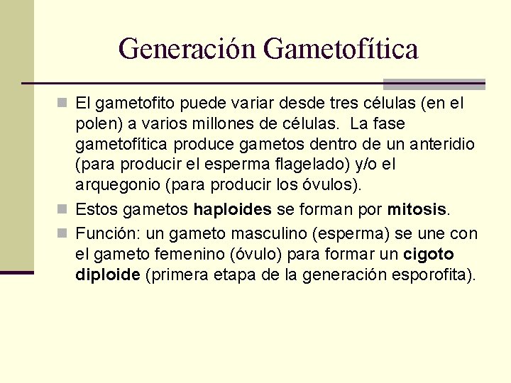 Generación Gametofítica n El gametofito puede variar desde tres células (en el polen) a