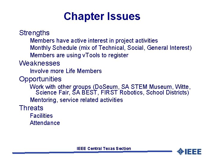 Chapter Issues Strengths Members have active interest in project activities Monthly Schedule (mix of