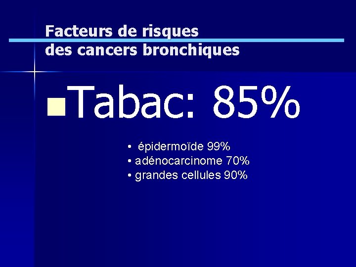 Facteurs de risques des cancers bronchiques n. Tabac: 85% • épidermoïde 99% • adénocarcinome