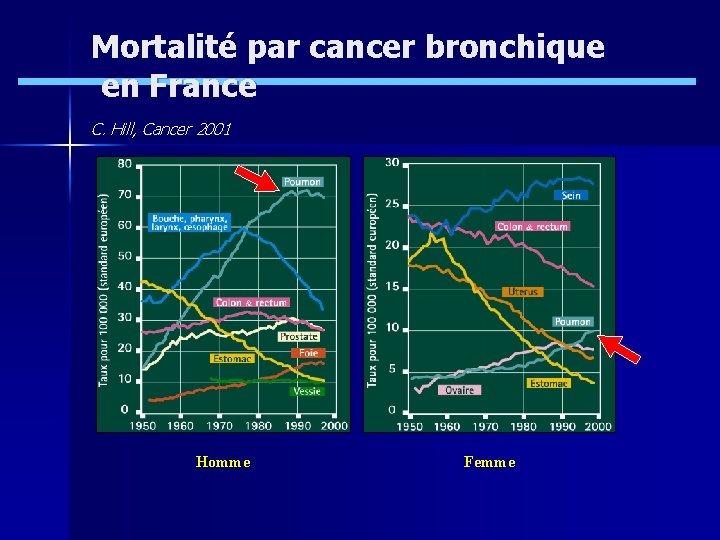 Mortalité par cancer bronchique en France C. Hill, Cancer 2001 Homme Femme 