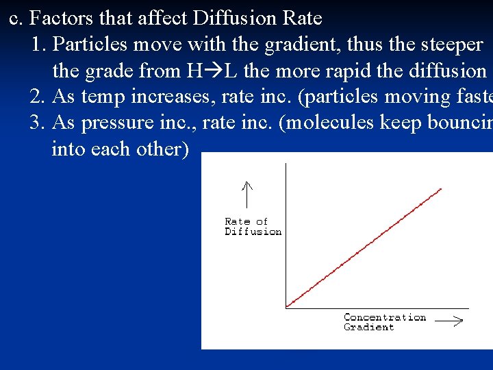 c. Factors that affect Diffusion Rate 1. Particles move with the gradient, thus the