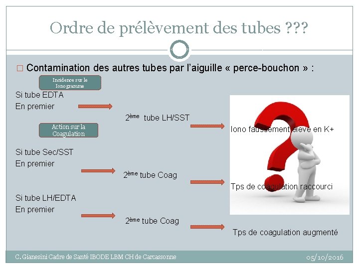 Ordre de prélèvement des tubes ? ? ? � Contamination des autres tubes par