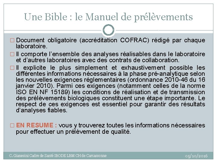 Une Bible : le Manuel de prélèvements � Document obligatoire (accréditation COFRAC) rédigé par