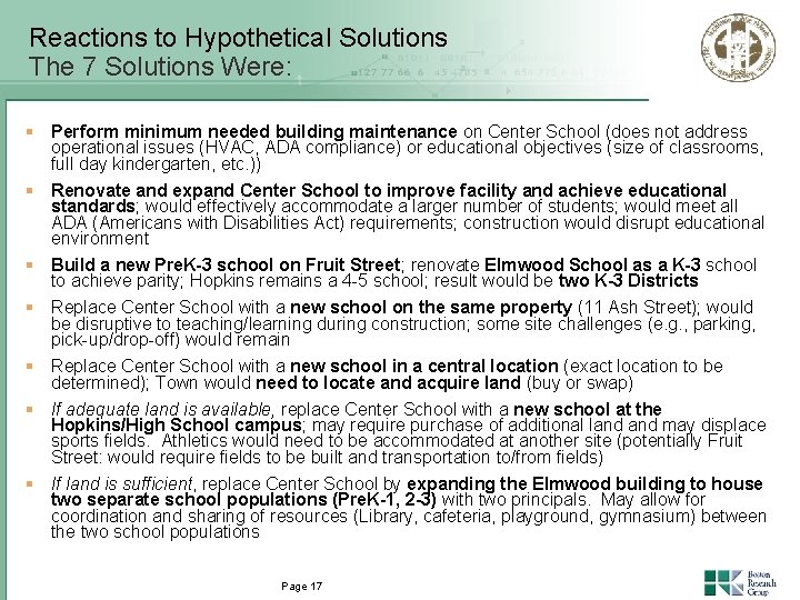 Reactions to Hypothetical Solutions The 7 Solutions Were: § Perform minimum needed building maintenance