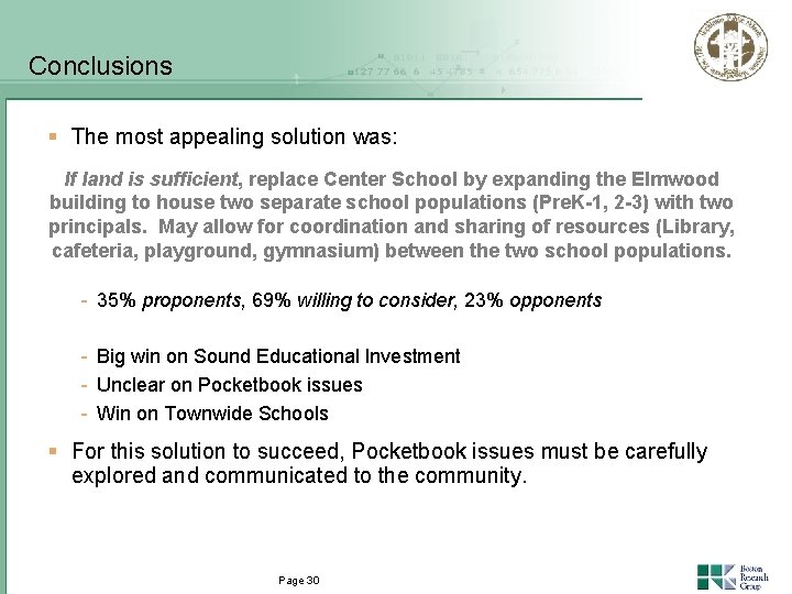 Conclusions § The most appealing solution was: If land is sufficient, replace Center School