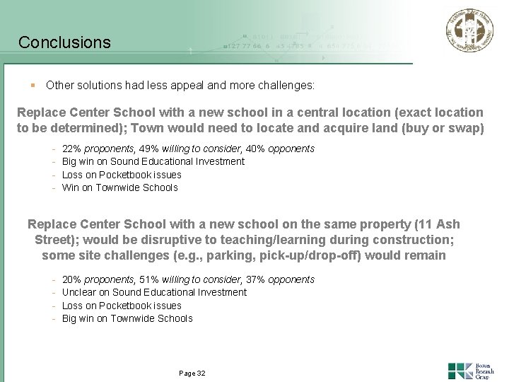 Conclusions § Other solutions had less appeal and more challenges: Replace Center School with