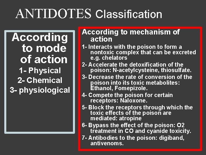 ANTIDOTES Classification According to mode of action 1 - Physical 2 - Chemical 3