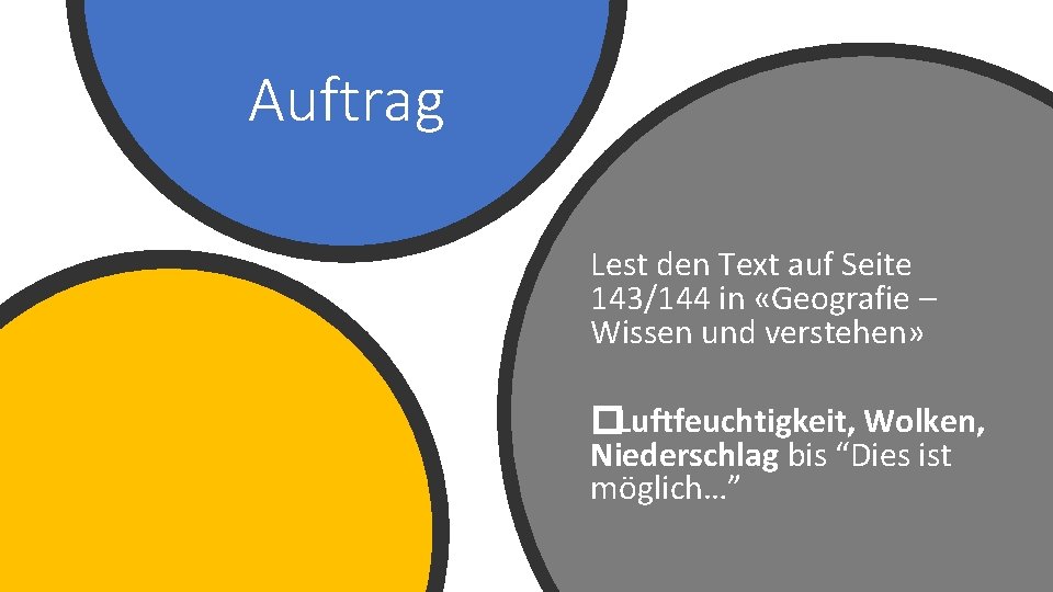Auftrag Lest den Text auf Seite 143/144 in «Geografie – Wissen und verstehen» �Luftfeuchtigkeit,