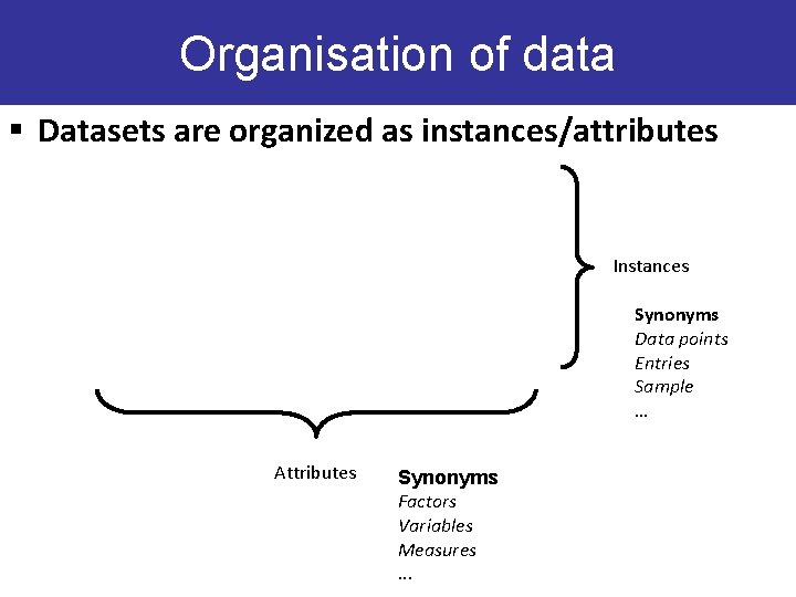 Organisation of data § Datasets are organized as instances/attributes Instances Synonyms Data points Entries