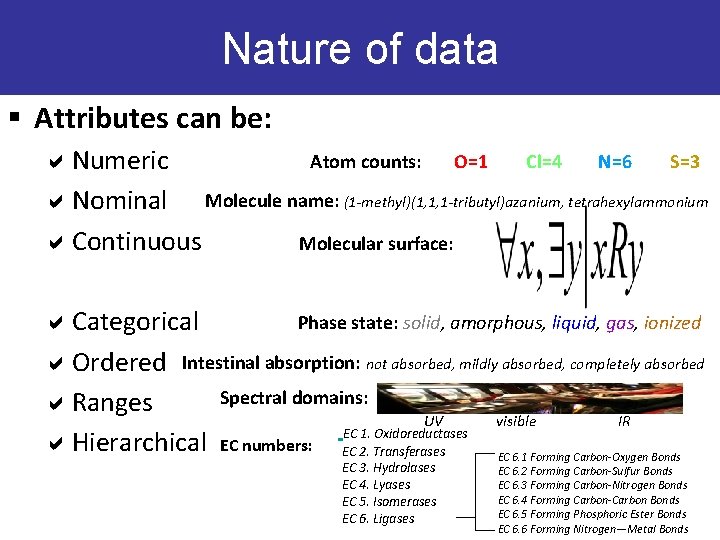 Nature of data § Attributes can be: Atom counts: O=1 Cl=4 N=6 S=3 Numeric