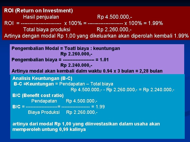 ROI (Return on Investment) Hasil penjualan Rp 4. 500. 000, ROI = ------------ x