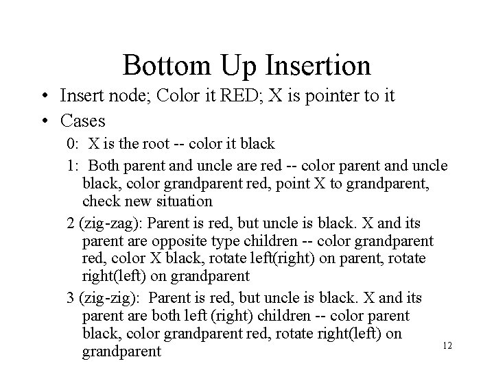 Bottom Up Insertion • Insert node; Color it RED; X is pointer to it