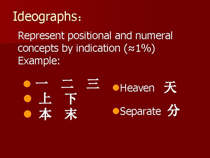 Ideographs： Represent positional and numeral concepts by indication (≈1%) Example: l一 二 三 l.
