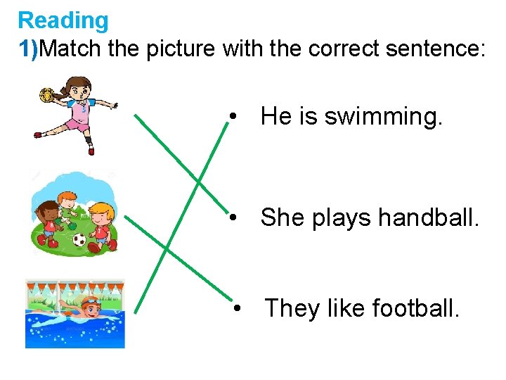 Reading 1)Match the picture with the correct sentence: • He is swimming. • She