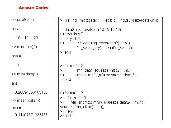 Answer Codes >> size(data) >>[val, ind]=max(data(: )) >>[a, b, c, ]=ind 2 sub(size(data), ind)