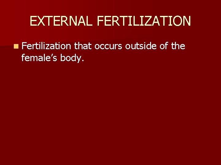 EXTERNAL FERTILIZATION n Fertilization that occurs outside of the female’s body. 