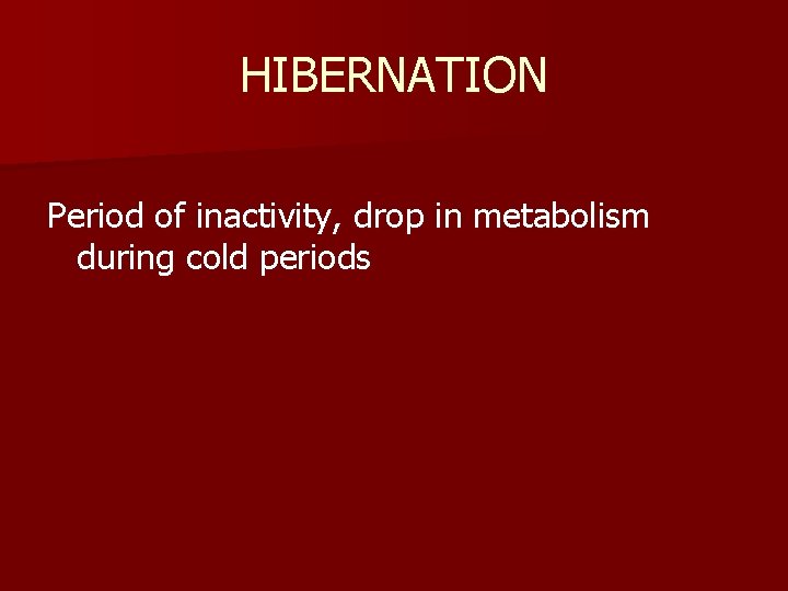 HIBERNATION Period of inactivity, drop in metabolism during cold periods 