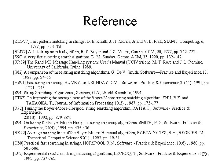 Reference [KMP 77] Fast pattern matching in strings, D. E. Knuth, J. H. Morris,