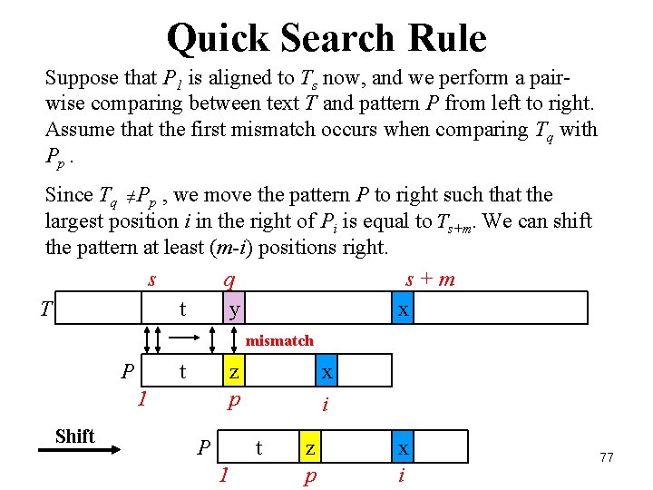 Quick Search Rule Suppose that P 1 is aligned to Ts now, and we