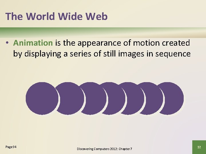 The World Wide Web • Animation is the appearance of motion created by displaying