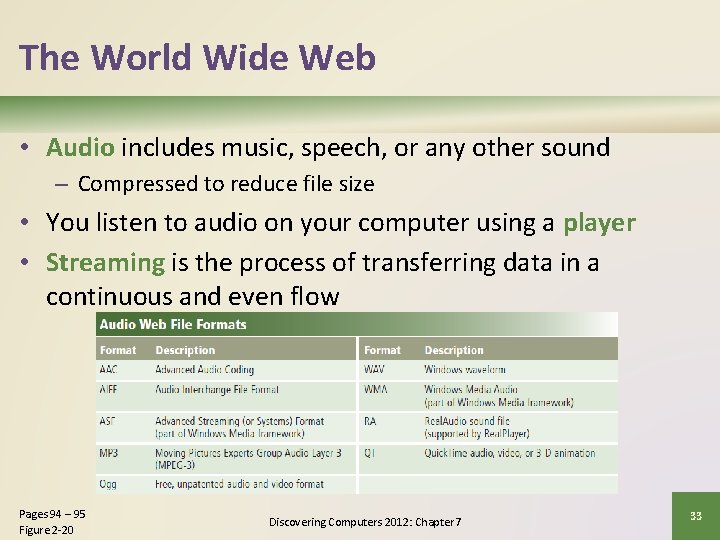 The World Wide Web • Audio includes music, speech, or any other sound –