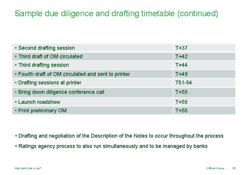 Sample due diligence and drafting timetable (continued) § Second drafting session T+37 § Third