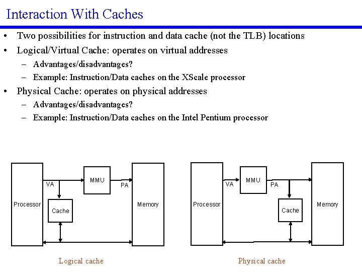 Interaction With Caches • Two possibilities for instruction and data cache (not the TLB)
