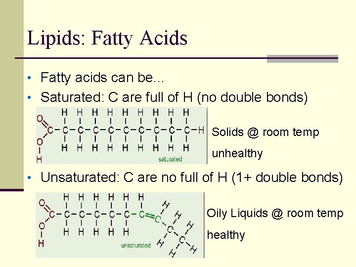 Lipids: Fatty Acids • Fatty acids can be… • Saturated: C are full of