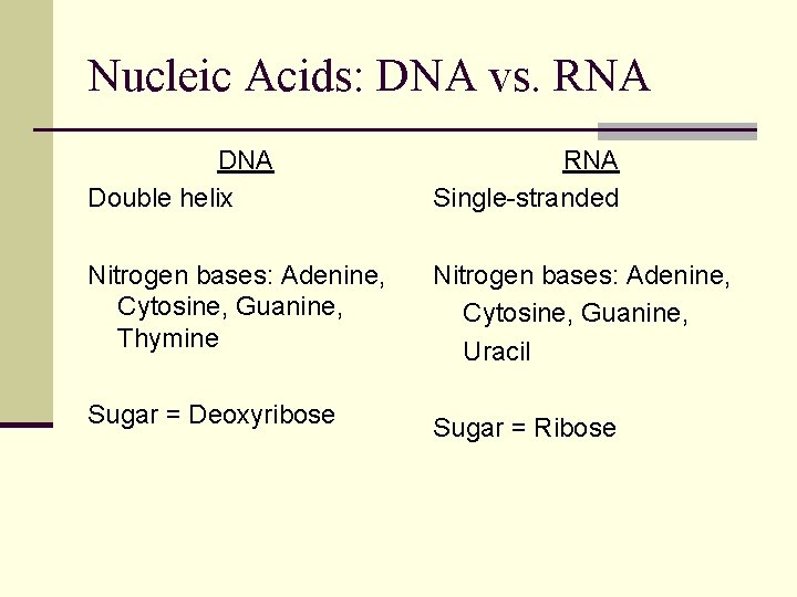 Nucleic Acids: DNA vs. RNA Double helix RNA Single-stranded Nitrogen bases: Adenine, Cytosine, Guanine,