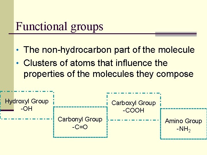 Functional groups • The non-hydrocarbon part of the molecule • Clusters of atoms that