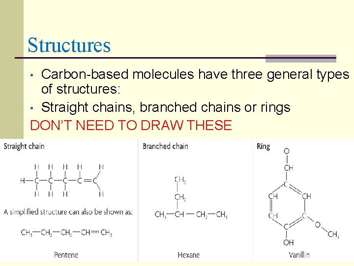 Structures Carbon-based molecules have three general types of structures: • Straight chains, branched chains