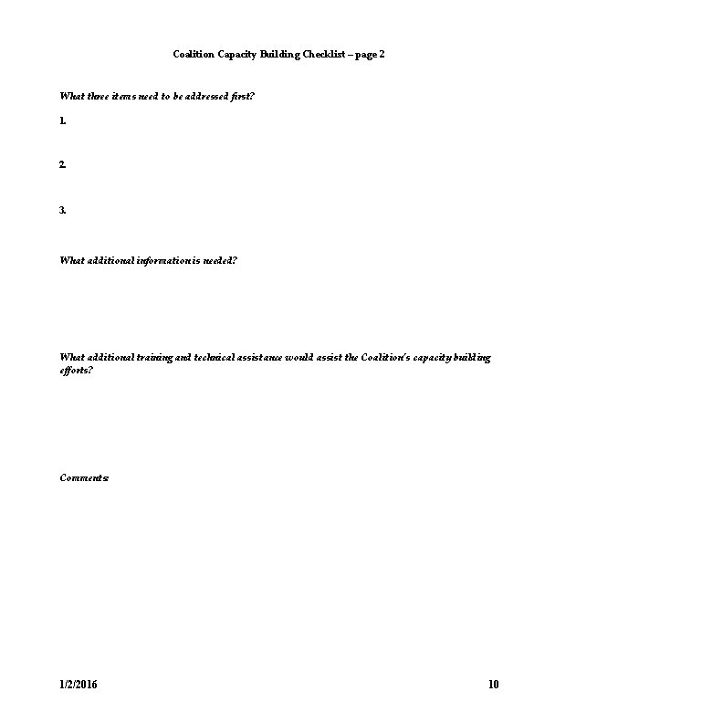 Coalition Capacity Building Checklist – page 2 What three items need to be addressed